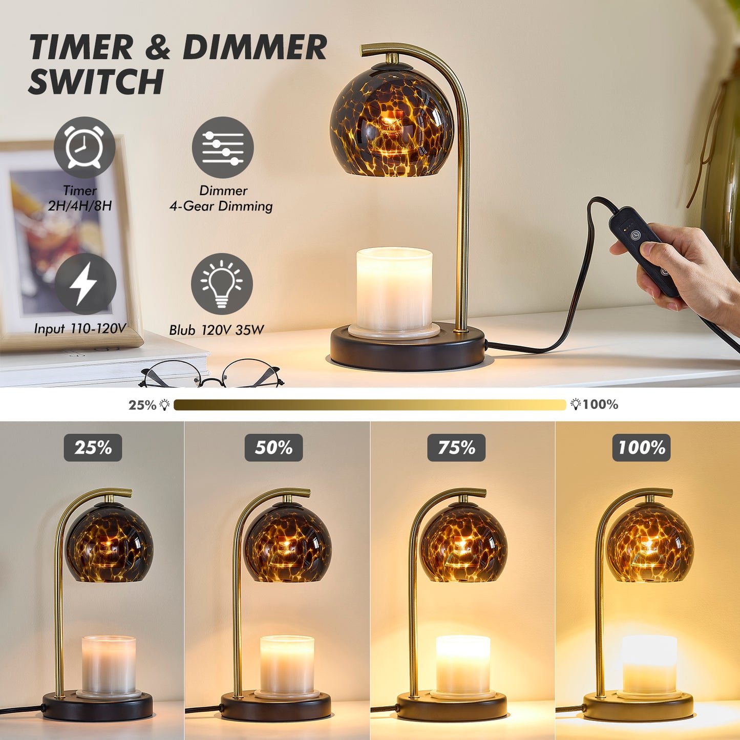 NATYSWAN Amber Glass Electric Candle Warmer with Timer & Dimmer Wax Melts Warmer for Candle Jars, Ideal Gift, Bedroom Home Decor, No Flame Scented Candle Warmer with 2 Bulbs