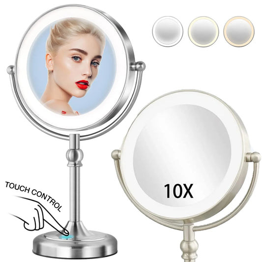 NATYSWAN Lighted Makeup Mirror,1X/10X Magnifying Vanity Mirror with 3 Color Lights,360°Rotation Double Sided Standing Desk Mirror,8.65“ Rechargeable Touch Mirror for Travel,Dressing table