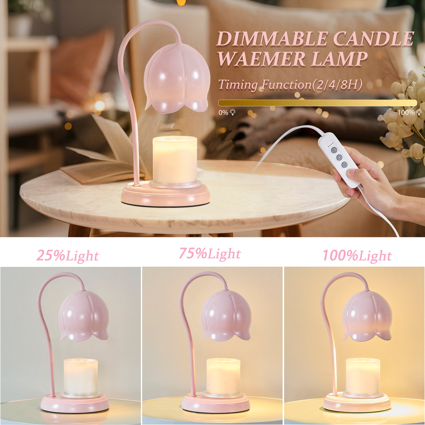 NATYSWAN Candle Warmer Lamp with Timer, Dimmable Lamp for Jar Candles, Ideal Gift for House Warming, Elegant Home Decoration, Pink Candle Warming Lamp, 2 Bulbs Included